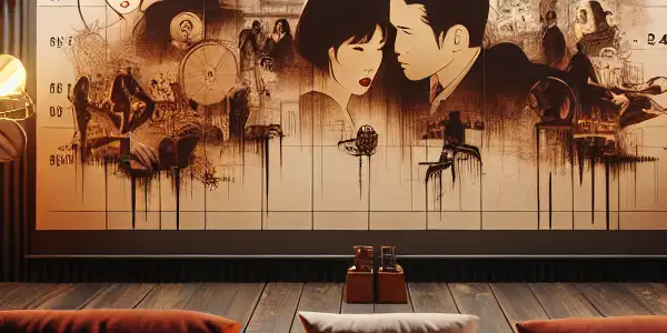 A cozy home theater featuring a large screen with abstract film elements, plush seating, and warm lighting.