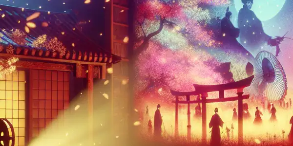 A cinematic space featuring a vintage projector and silhouettes from classic Japanese adult films, surrounded by cherry blossoms.