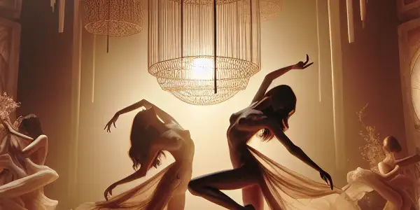 A sensual and artistic scene blending human beauty with nature, featuring intimate lighting and expressive figures.