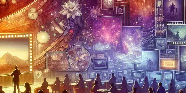 A modern, immersive space showcasing diverse adult entertainment resources with stylish displays and an engaged audience.