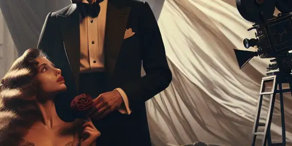 A romantic couple in a dimly lit Parisian apartment, surrounded by elegant decor and intimate atmosphere.