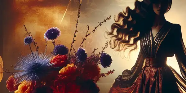 A dramatic silhouette of a woman in an intimate, dimly lit bedroom, surrounded by candles and roses.