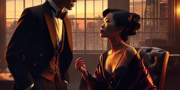 A confident figure and an alluring character engage in a tense discussion in an opulent, dimly lit office.