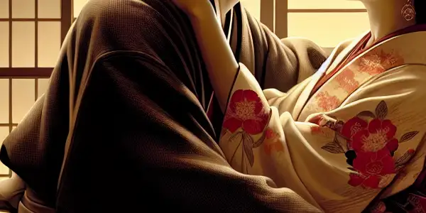 A passionate couple embraces in a dimly lit Japanese room, surrounded by traditional decor and intimate ambiance.