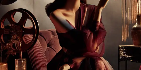 A confident actress in a luxurious, dimly lit setting, embodying themes of passion and emotional storytelling.