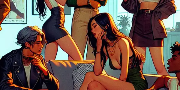 A cozy living room scene with diverse young adults engaged in playful, intimate discussion about sexual education.