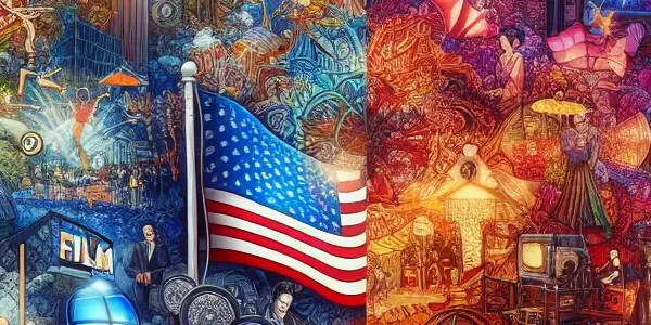 A vibrant digital artwork contrasting American and Japanese adult film scenes, showcasing diversity and creativity in the industry.