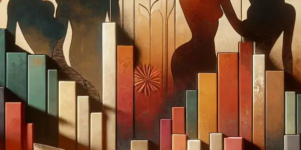 A cozy reading nook filled with colorful books, warm lighting, and elements of romance and sensuality.