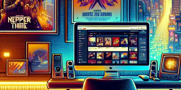 A cozy urban room with high-tech gadgets, neon lights, and city views, inspired by digital media and cinema.