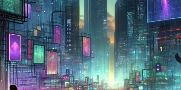 Futuristic cityscape blending cultural icons and digital elements, highlighting privacy and exploration in adult entertainment.