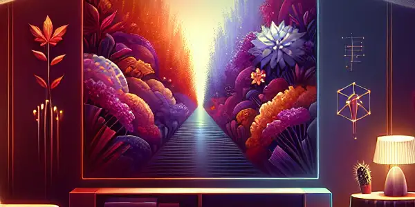 A cozy living room with a large screen displaying colorful visuals, snacks on a table, and a VPN symbol.