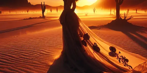 A lone woman in flowing fabrics stands in a vibrant desert at sunset, embodying adventure and allure.