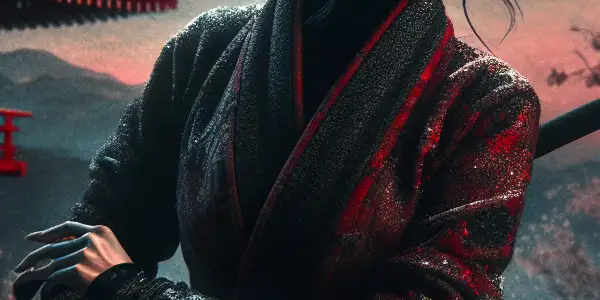 A female ninja in a traditional outfit poses with weapons in a serene Japanese landscape under a moonlit sky.