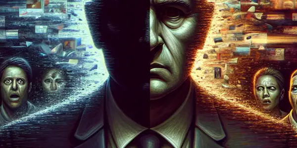 A split image depicting a shadowy official surrounded by digital screens and a shocked crowd reacting to a scandal.