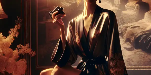 A sensual Parisian bedroom scene featuring a graceful figure in a silk robe, vintage film projector, and romantic decor.