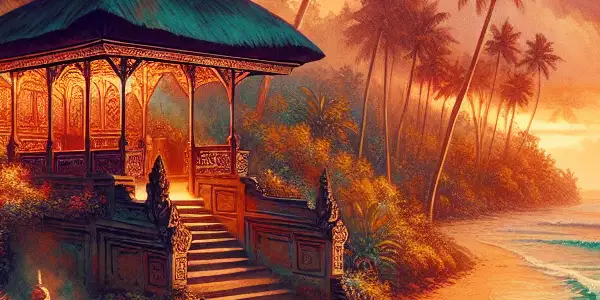 A vibrant Bali beach at sunset, featuring a luxurious spa and hints of cultural complexities.