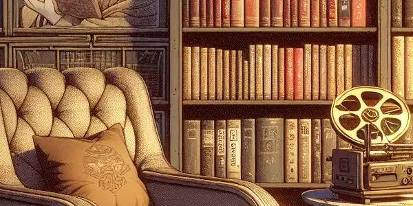 A cozy reading nook with an armchair, warm lighting, shelves of erotic novels, and vintage film imagery.