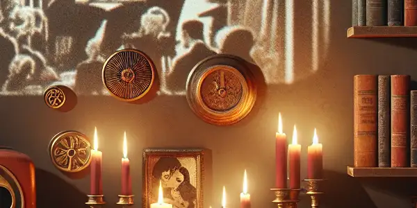 A cozy reading nook featuring an open erotic novel, candles, wine, and hints of adult entertainment.