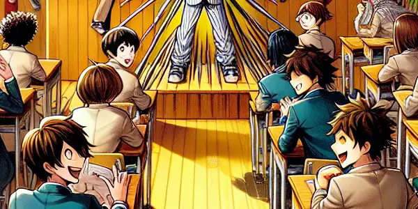 A lively classroom scene with diverse students reacting to a whimsical invasion by a playful character.