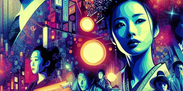 A vibrant digital collage depicting stylish Japanese adult film scenes with neon lights and abstract patterns.