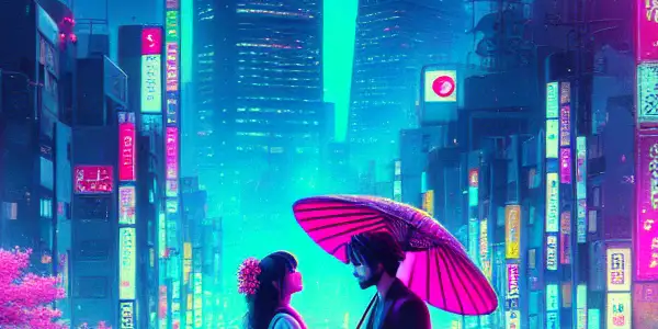 A couple shares an intimate moment in a neon-lit Tokyo cityscape, reflecting 1990s Japanese pop culture and romance.