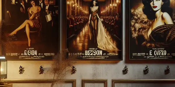A luxurious, dimly lit room featuring vintage film posters and elegant actresses, blending Hollywood glamour with adult entertainment themes.