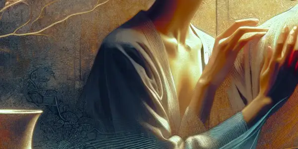 An intimate scene of two characters expressing longing and affection in a softly lit, warm room.