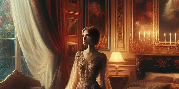 A woman in an elegant gown stands in a dimly lit, luxurious bedroom, embodying curiosity and longing.