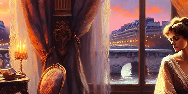 A beautiful actress in a vintage Parisian boudoir gazes out at the sunset skyline, exuding elegance and contemplation.