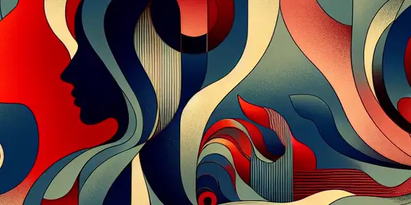 An intimate scene capturing the allure of Japanese AV cinema with abstract human figures and deep red tones.