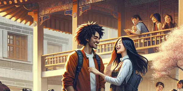 A lively Asian campus scene with diverse students, laughter, bicycles, cherry blossoms, and playful interactions.