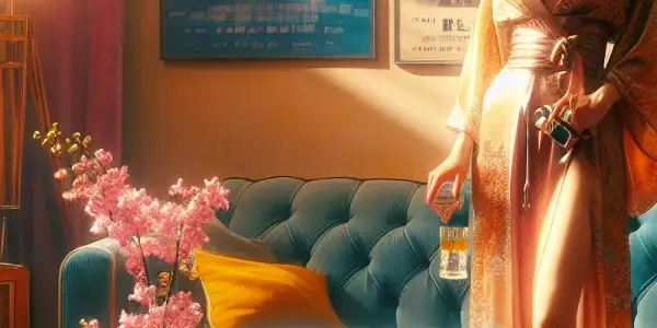 A glamorous Japanese AV star in a vintage-inspired room with retro decor and soft lighting, exuding nostalgia and allure.