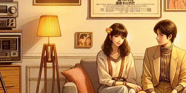 A nostalgic 1980s Japanese adult film scene with vintage decor, retro furniture, and characters in period fashion.