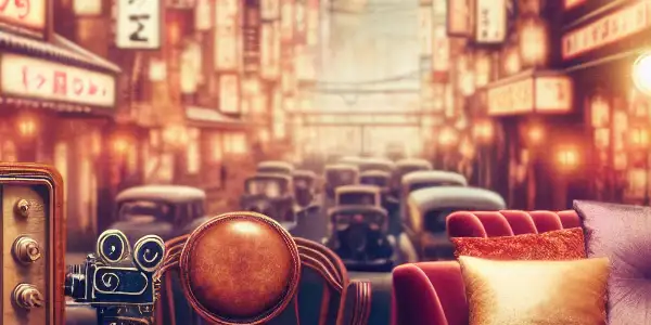 A nostalgic Japanese film set featuring vintage decor, classic AV posters, and a blurred city street backdrop.