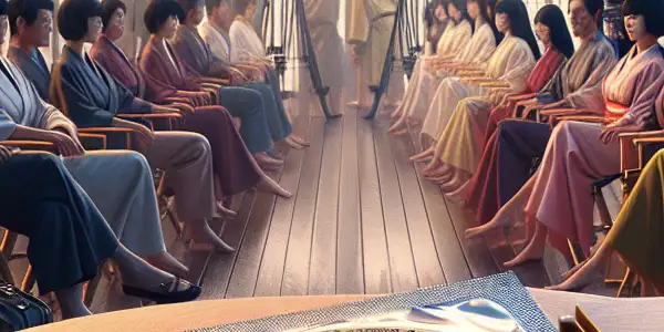 A Japanese adult film set featuring a prominent 2026AV safety condom on a director's table with actors preparing for a shoot.