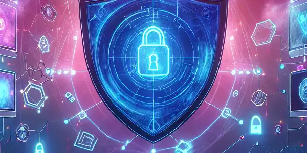 A surreal digital landscape featuring a protective shield, computer screens, and floating icons symbolizing digital safety and security.