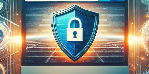 A modern digital workspace showcasing a computer with a search engine for safe, virus-free adult video browsing.