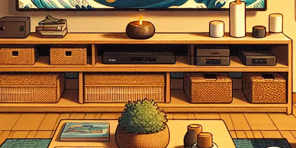 A cozy home entertainment setup promoting safe viewing practices for adult films, featuring abstract art and hygiene elements.