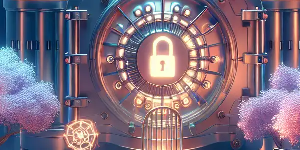 A serene Japanese garden with digital symbols representing internet safety and privacy for adult content access.