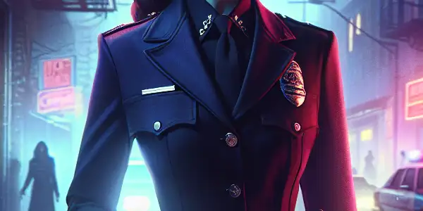 A confident female police officer navigates a neon-lit alleyway at night, embodying mystery and allure.