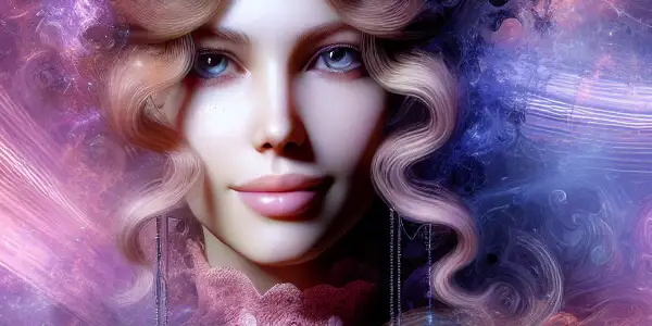 A captivating woman with flowing hair, embodying femininity, surrounded by abstract sound waves in a dreamy atmosphere.