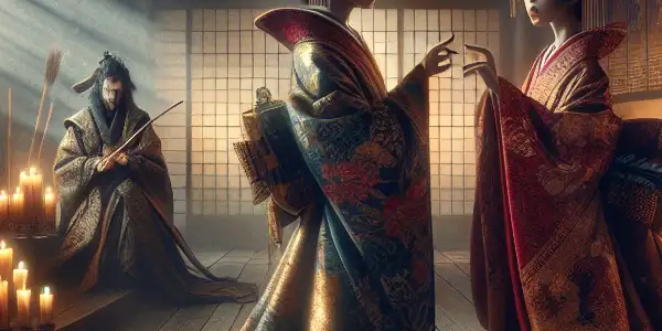 A passionate exchange between two elegantly dressed characters in a luxurious Japanese palace, embodying forbidden love and intrigue.