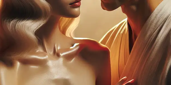 An intimate moment between a couple, illuminated in a softly lit room adorned with cherry blossoms and traditional Japanese decor.