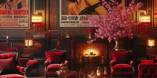 A luxurious room adorned with red velvet furnishings, vintage erotic film posters, and cherry blossoms, evoking romance and intimacy.