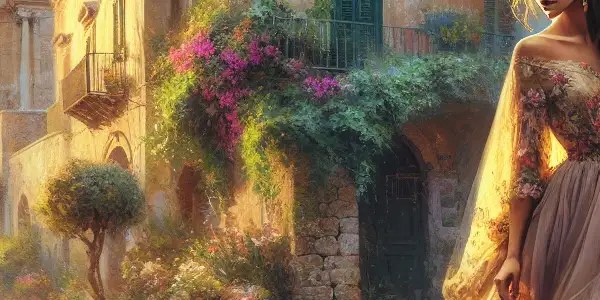 A beautiful young woman in a flowing dress stands in a picturesque Sicilian village at golden hour.