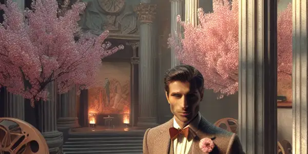 An iconic Italian adult film star poses elegantly in a glamorous studio, blending Italian and Japanese influences.