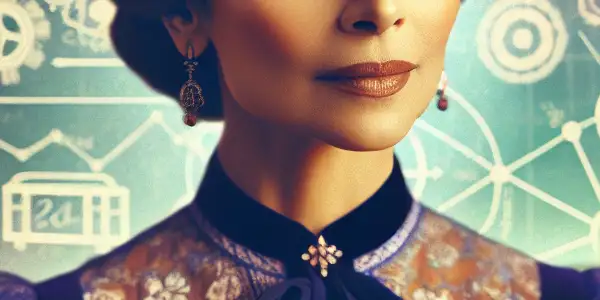 A confident female teacher in a vibrant classroom, blending professionalism with allure and sophistication.