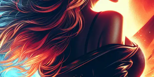 A confident female protagonist in a sleek outfit stands in a neon-lit cityscape, surrounded by action and romance.