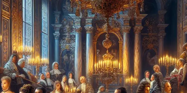 A lavish 17th-century palace interior with elegantly dressed nobles engaging in flirtatious interactions under candlelight.