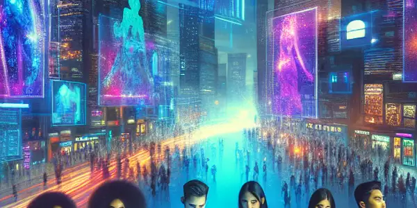 A vibrant futuristic cityscape with diverse people exploring holographic devices in a lively online entertainment hub.